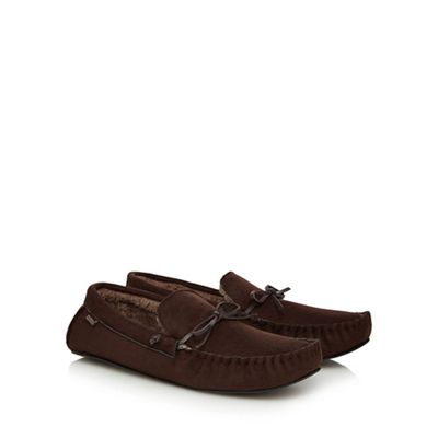 Dark brown moccasin slippers in a gift box